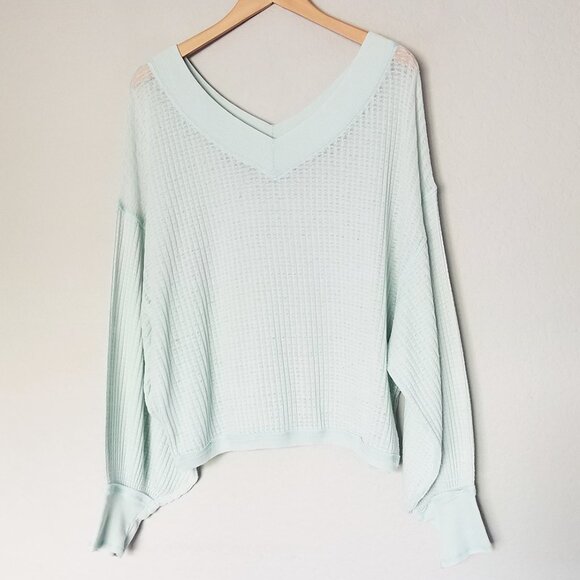 Free People South Side Thermal Top S Blue Green Italian Mint Lightweight V Neck - Picture 6 of 16
